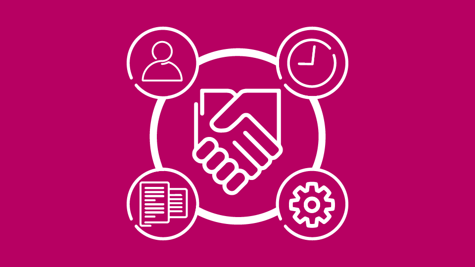 A handshake icon surrounded by other icons suggesting cooperation